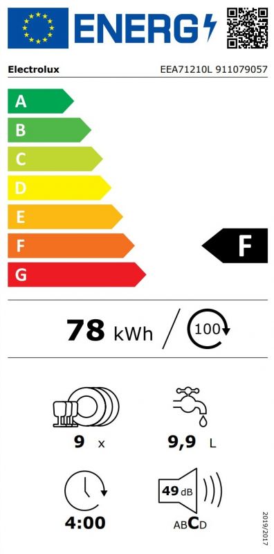 Посудомийна машина Electrolux вбудована, 9компл., F, 45см, інвертор, чорний