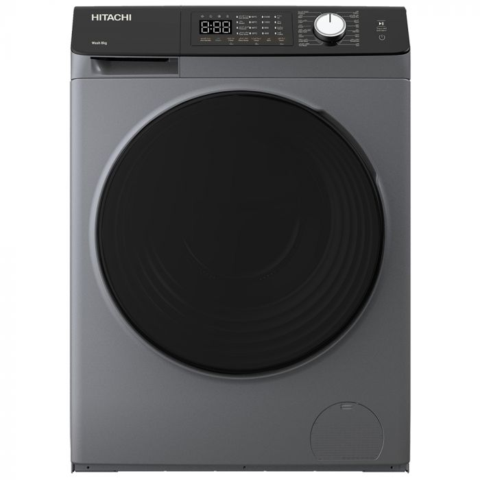Пральна машина Hitachi фронтальна, 8кг, 1400, A+++, 60см, дисплей, пара, інвертор, люк чорний, cріблястий