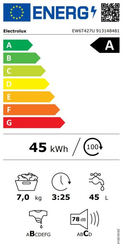 Пральна машина Electrolux вертикальна, 7кг, 1200, A, 60см, дисплей, інвертор, білий