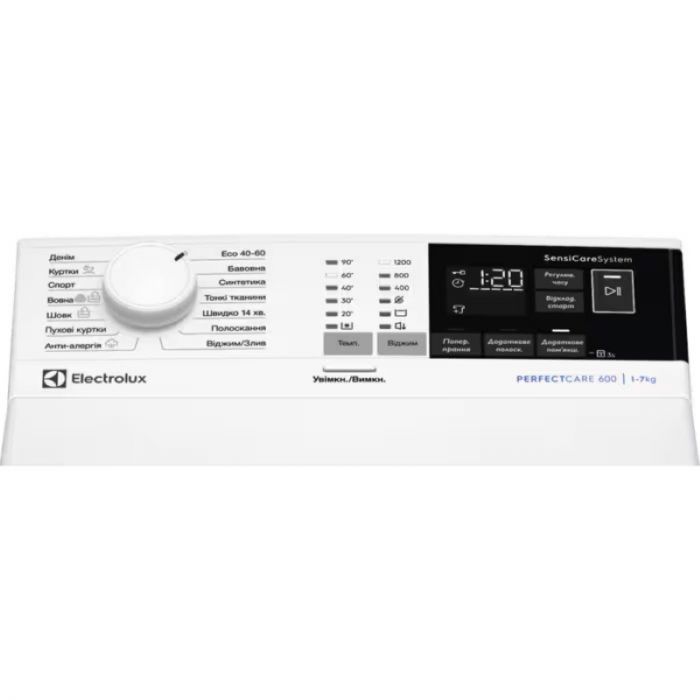 Пральна машина Electrolux вертикальна, 7кг, 1200, A, 60см, дисплей, інвертор, білий