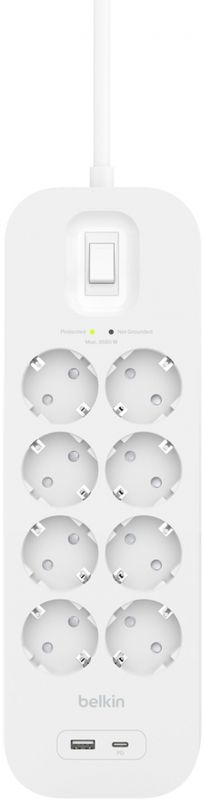 Подовжувач-фільтр мережевий Belkin 8хТип F, 3x1.5мм кв, 16А, USB-A/USB-C 18Вт, з захистом від перенапруги, 2м, білий