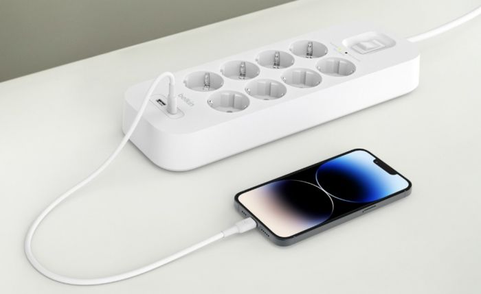Подовжувач-фільтр мережевий Belkin 8хТип F, 3x1.5мм кв, 16А, USB-A/USB-C 18Вт, з захистом від перенапруги, 2м, білий