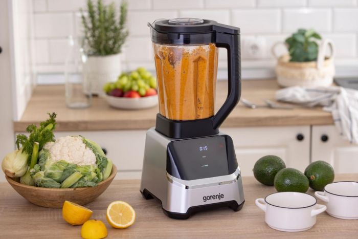Блендер Gorenje стаціонарний 1500Вт, чаша-2000мл, дисплей, подрібнювач, чорний-нерж Блендер Gorenje стаціонарний 1500Вт, чаша-2000мл, дисплей, подрібнювач, чорний-нерж