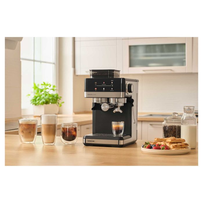 Кавоварка Sencor ріжкова 1.8л, зерно+мелена, вдубована кавомолка, дисплей, нерж. сталь-чорний