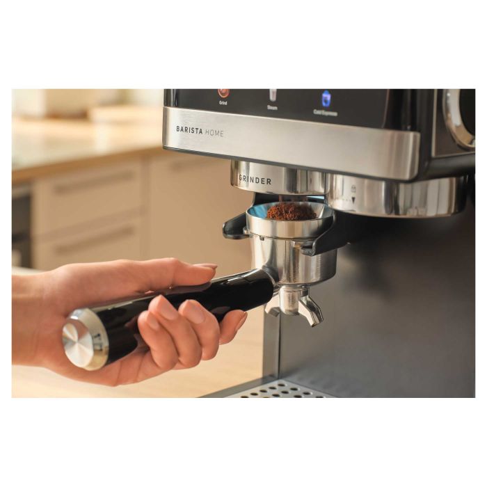 Кавоварка Sencor ріжкова 1.8л, зерно+мелена, вдубована кавомолка, дисплей, нерж. сталь-чорний