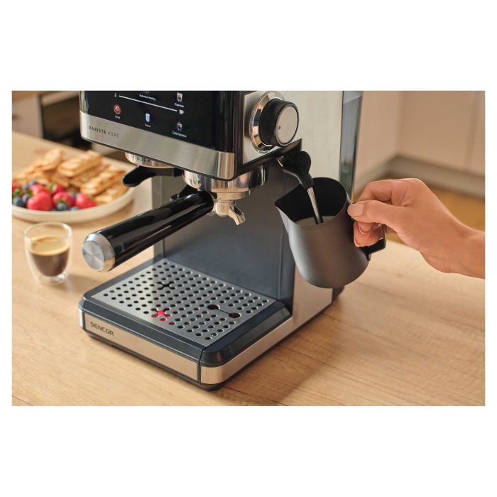 Кавоварка Sencor ріжкова 1.8л, зерно+мелена, вдубована кавомолка, дисплей, нерж. сталь-чорний