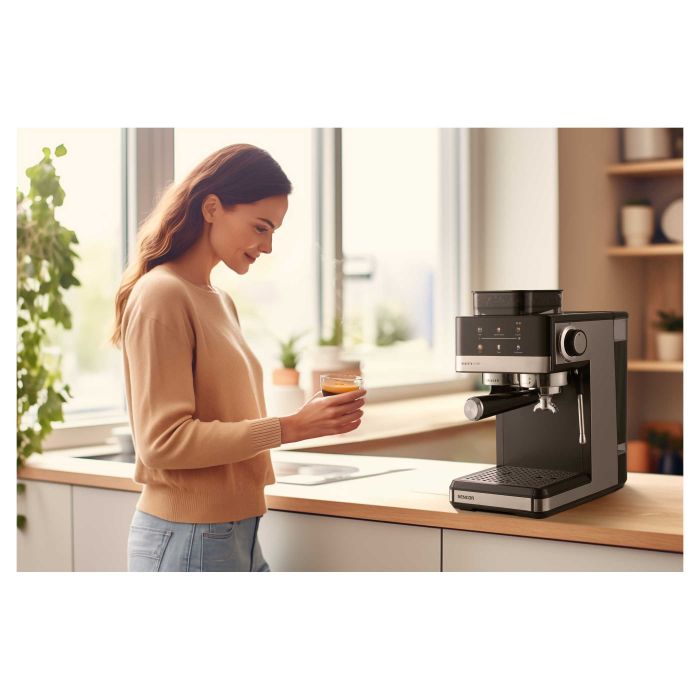 Кавоварка Sencor ріжкова 1.8л, зерно+мелена, вдубована кавомолка, дисплей, нерж. сталь-чорний