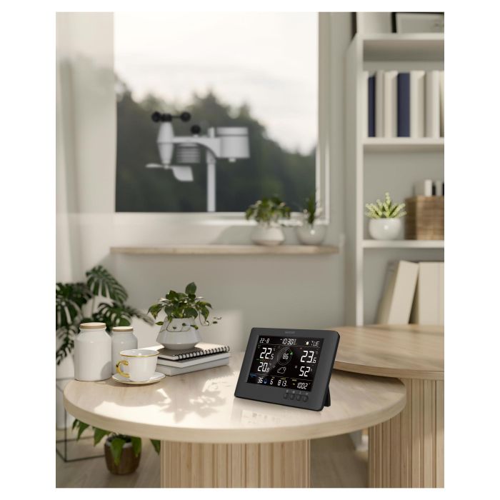 Метеостанція Sencor, внутр/зовн вимірювання, від мережі/CR2032x1+AAx3, темп-ра, вологість, час, прогноз погоди, атмосферний тиск, шв. вітру, чорний