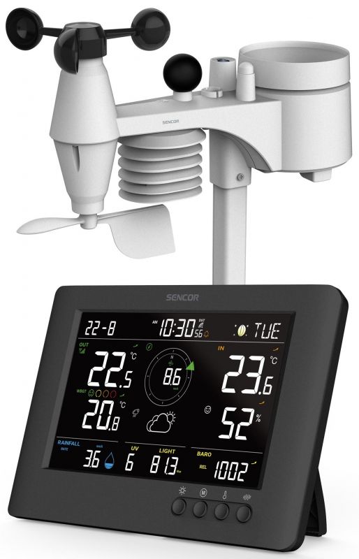 Метеостанція Sencor, внутр/зовн вимірювання, від мережі/CR2032x1+AAx3, темп-ра, вологість, час, прогноз погоди, атмосферний тиск, шв. вітру, чорний