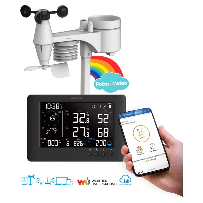 Метеостанція Sencor, внутр/зовн вимірювання, від мережі/CR2032x1+AAx3, темп-ра, вологість, час, прогноз погоди, атмосферний тиск, шв. вітру, підкл. до WIFI, чорний Метеостанція Sencor, внутр/зовн вимірювання, від мережі/CR2032x1+AAx3, темп-ра, вологість, час, прогноз погоди, атмосферний тиск, шв. вітру, підкл. до WIFI, чорний