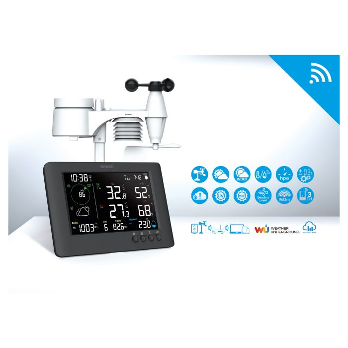 Метеостанція Sencor, внутр/зовн вимірювання, від мережі/CR2032x1+AAx3, темп-ра, вологість, час, прогноз погоди, атмосферний тиск, шв. вітру, підкл. до WIFI, чорний Метеостанція Sencor, внутр/зовн вимірювання, від мережі/CR2032x1+AAx3, темп-ра, вологість, час, прогноз погоди, атмосферний тиск, шв. вітру, підкл. до WIFI, чорний