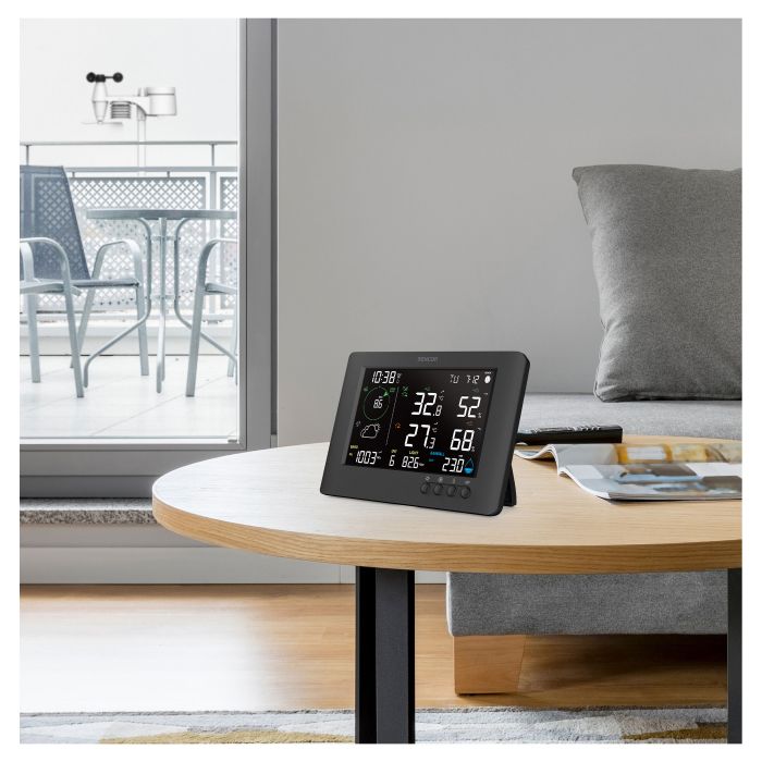 Метеостанція Sencor, внутр/зовн вимірювання, від мережі/CR2032x1+AAx3, темп-ра, вологість, час, прогноз погоди, атмосферний тиск, шв. вітру, підкл. до WIFI, чорний Метеостанція Sencor, внутр/зовн вимірювання, від мережі/CR2032x1+AAx3, темп-ра, вологість, час, прогноз погоди, атмосферний тиск, шв. вітру, підкл. до WIFI, чорний