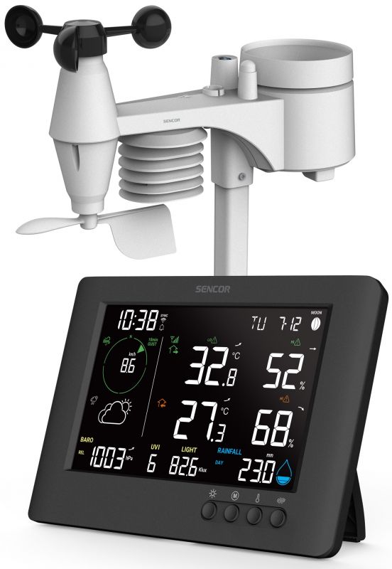 Метеостанція Sencor, внутр/зовн вимірювання, від мережі/CR2032x1+AAx3, темп-ра, вологість, час, прогноз погоди, атмосферний тиск, шв. вітру, підкл. до WIFI, чорний Метеостанція Sencor, внутр/зовн вимірювання, від мережі/CR2032x1+AAx3, темп-ра, вологість, час, прогноз погоди, атмосферний тиск, шв. вітру, підкл. до WIFI, чорний