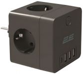 Адаптер мережевий 2E 3xТипF, 16A, 2xUSB-A, 1x USB-C фільтр, чорний