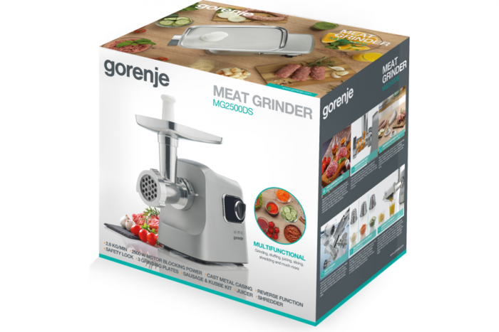 М'ясорубка Gorenje, 2500Вт, 2.8кг/хв, 3 решітки, насадка для ковбас, кеббе, шнековий соковидавлювач, 3 терки, пластик/метал, нерж
