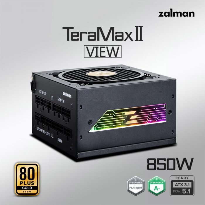Блок живленняZalman Teramax 2 View  (850W) 99%, 80+ Gold, 120мм, 1xMB 24pin(18+10), 2xCPU(4+4 pin), 3xMolex, 12xSATA, 4xPCIe 8pin(6+2), 1xPCIe GEN5 16pin, 1x +5V ARGB cable, Fully Modular