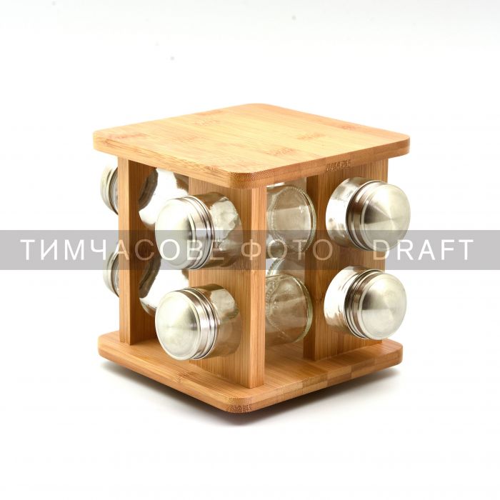 Набір ємностей для спецій на підставці Ardesto Midori, 9 предметів, 80мл, 19x19x15.5см, бамбук, нержавіюча сталь, скло, пластик