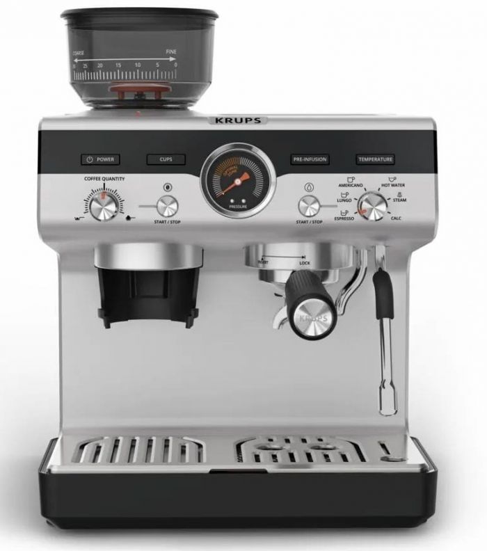 Кавоварка Krups ріжкова Precision+, 3.5л, вдубована кавомолка, ручний капучинатор, 15 бар, чорний-сірий