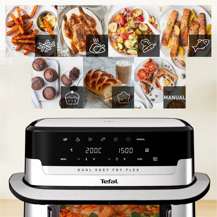 Мультипіч Tefal Dual Easy Fry Flex, 2700Вт, чаша-5.5+3.5л, сенсорне керув., з віконцем, 2 чаши, гриль, пластик, чорний-нерж. сталь