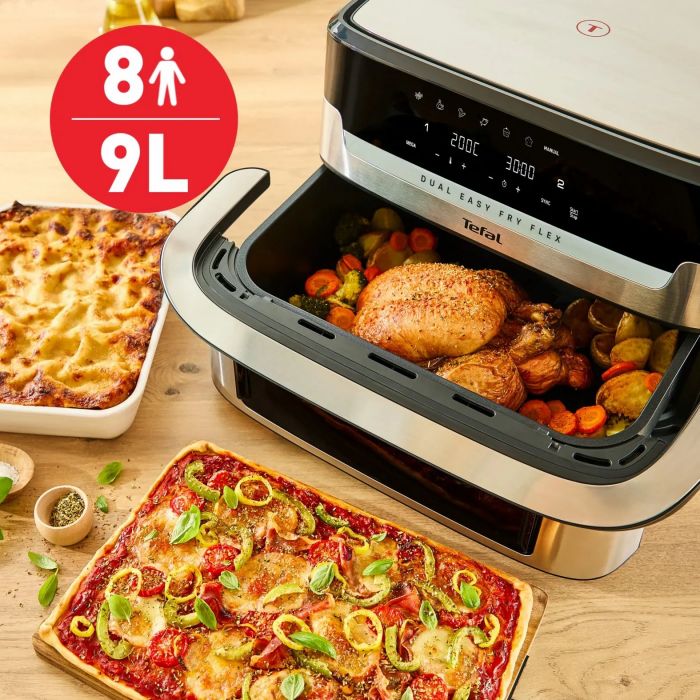 Мультипіч Tefal Dual Easy Fry Flex, 2700Вт, чаша-5.5+3.5л, сенсорне керув., з віконцем, 2 чаши, гриль, пластик, чорний-нерж. сталь