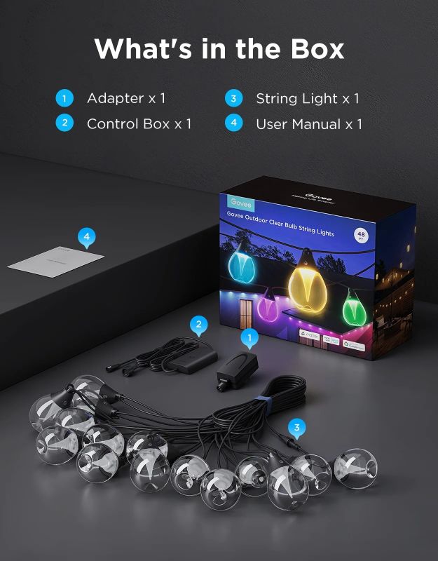 Набір світлодіодних ламп Govee H7025 Outdoor Clear Bulb String Lights, 15м, RGBIC/Warm White, WI-FI/Bluetooth, чорний