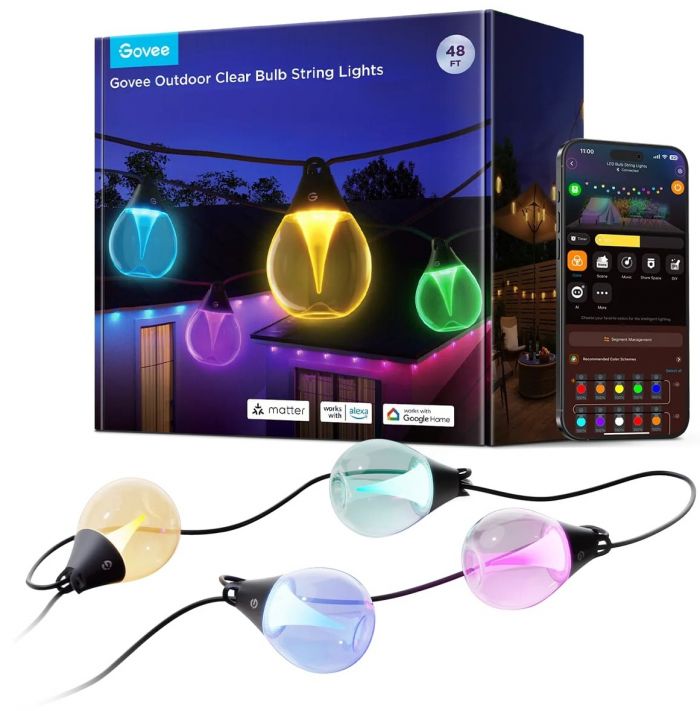 Набір світлодіодних ламп Govee H7025 Outdoor Clear Bulb String Lights, 15м, RGBIC/Warm White, WI-FI/Bluetooth, чорний