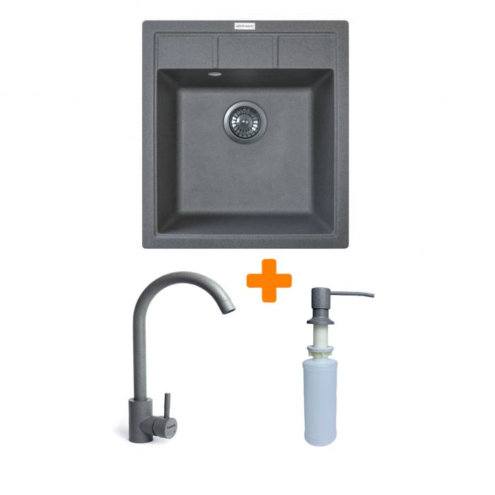 Набір кухонна Adamant Brick, штучний камінь, квадрат, без крила, 460x515x200мм, чаша - 1, врізна, сірий + змішувач та дозатор