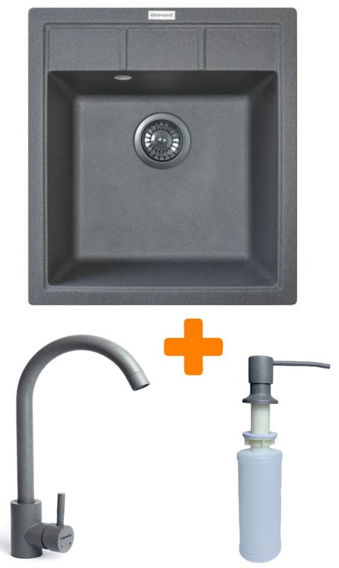 Набір кухонна Adamant Brick, штучний камінь, квадрат, без крила, 460x515x200мм, чаша - 1, врізна, сірий + змішувач та дозатор