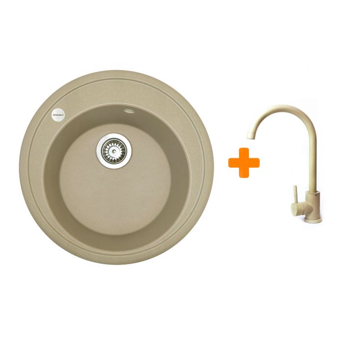 Набір кухонна Adamant Sun, штучний камінь, кругла, без крила, 510x200мм, чаша - 1, врізна, Сахара + змішувач