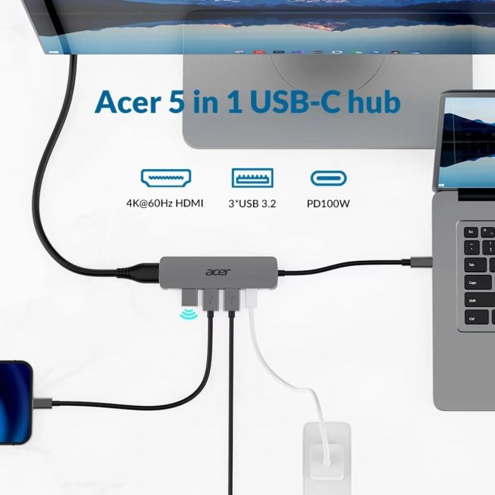 Хаб Acer 5in1 USB-С > 3xUSB-A3.0/HDMI/USB-C, 0.15м, сірий