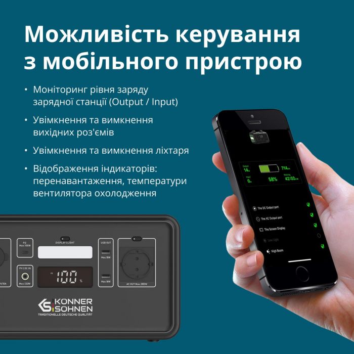 Портативна електростанція Konner&Sohnen KS 500PS, 500Вт, 448Вт·год, LifePo4, 230В, Bluetooth, 4.9кг