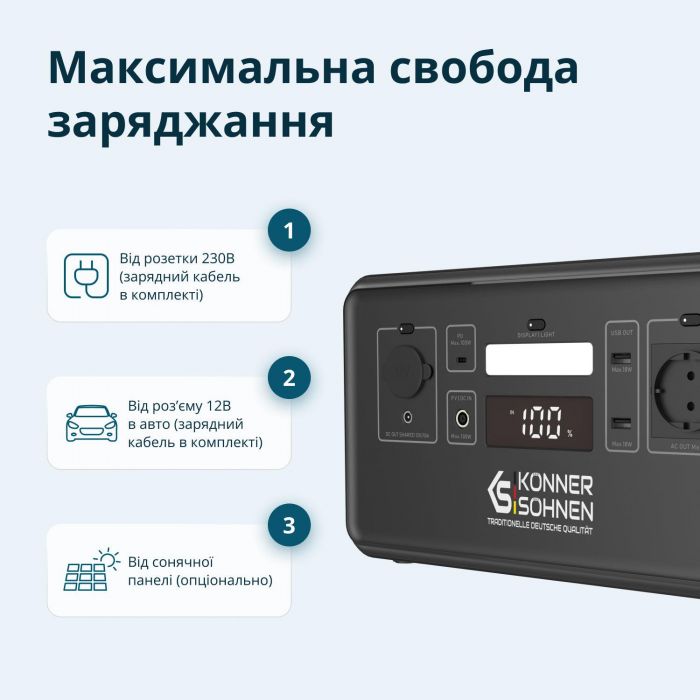 Портативна електростанція Konner&Sohnen KS 500PS, 500Вт, 448Вт·год, LifePo4, 230В, Bluetooth, 4.9кг