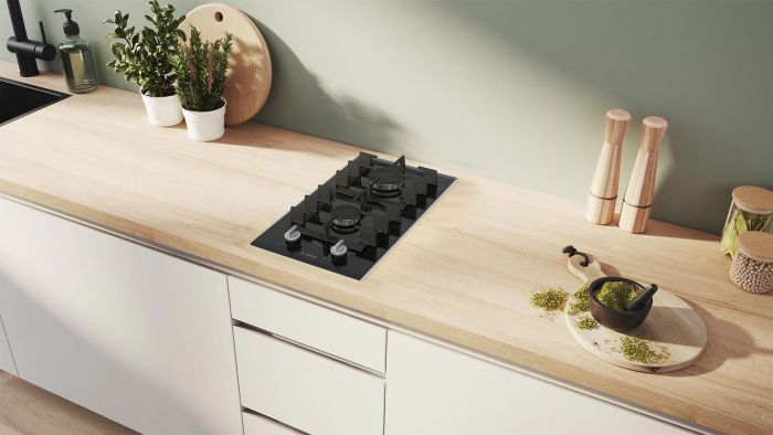 Варильна поверхня Bosch газова на склі, 30см, Доміно, чавун, чорний