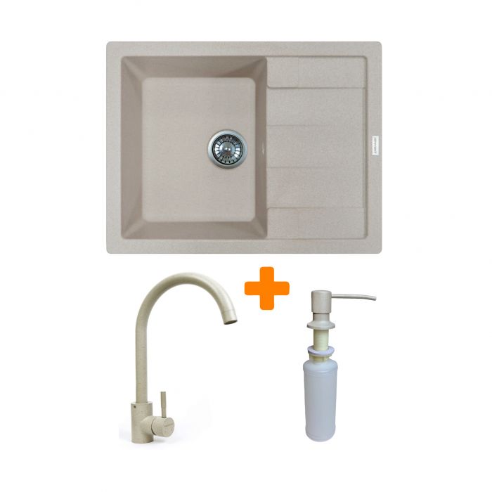 Набір кухонний Adamant Anila, штучний камінь, прямокут., з крилом, 645х495х200мм, чаша - 1, врізна, Avena + змішувач та дозатор