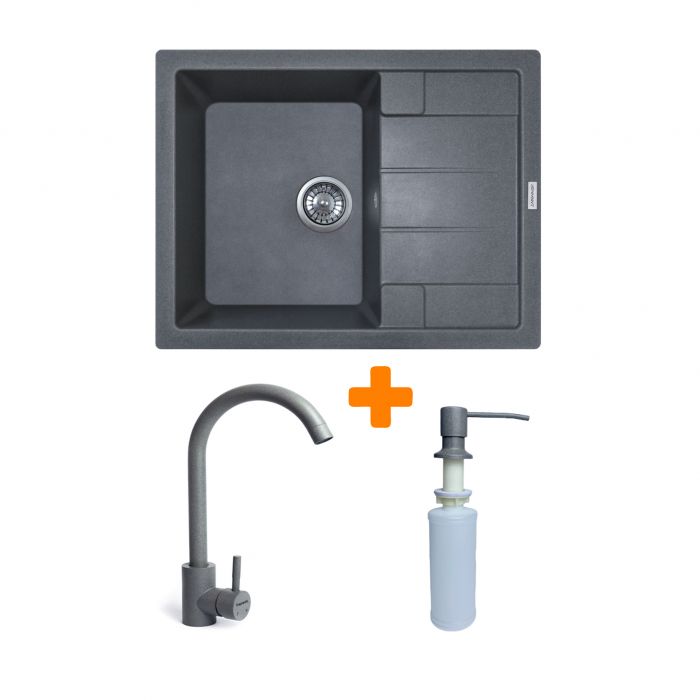 Набір кухонний Adamant Anila, штучний камінь, прямокут., з крилом, 645х495х200мм, чаша - 1, врізна, сірий + змішувач та дозатор