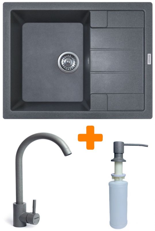 Набір кухонний Adamant Anila, штучний камінь, прямокут., з крилом, 645х495х200мм, чаша - 1, врізна, сірий + змішувач та дозатор