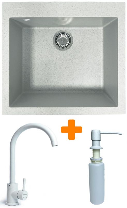 Набір кухонний Adamant Univer, штучний камінь, квадрат, без крила, 560х500х200мм, чаша - 1, врізна, Old stone + змішувач та дозатор