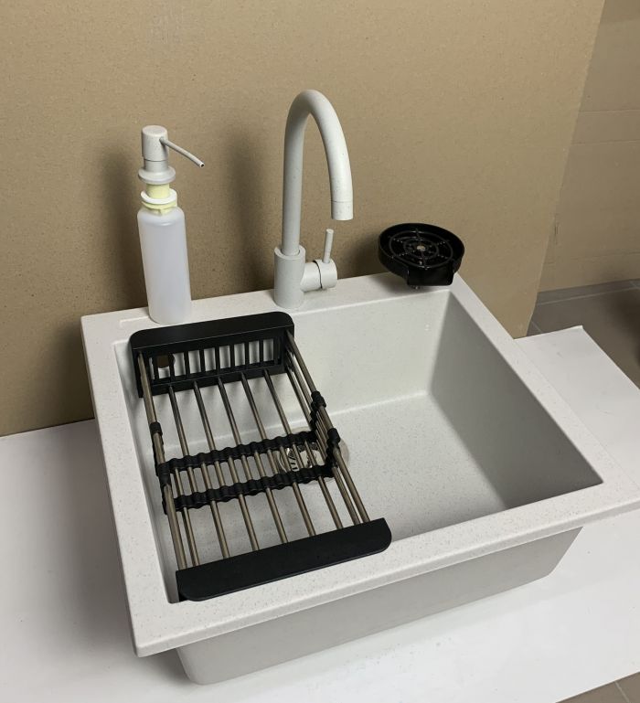 Набір кухонний Adamant Univer, штучний камінь, квадрат, без крила, 560х500х200мм, чаша - 1, врізна, Old stone + змішувач + дозатор + ополіскувач склянок + коландер