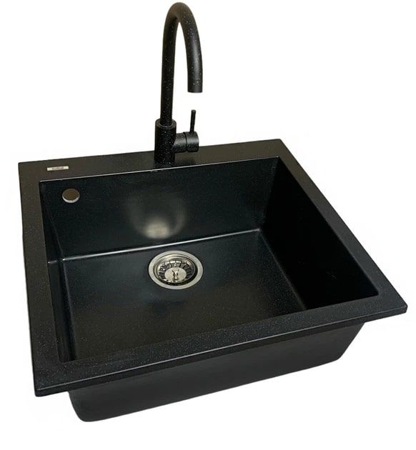Набір кухонний Adamant Univer, штучний камінь, квадрат, без крила, 560х500х200мм, чаша - 1, врізна, чорний + змішувач + дозатор + ополіскувач склянок + коландер