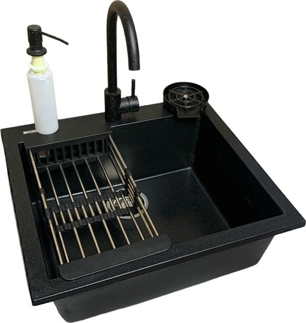 Набір кухонний Adamant Univer, штучний камінь, квадрат, без крила, 560х500х200мм, чаша - 1, врізна, чорний + змішувач + дозатор + ополіскувач склянок + коландер
