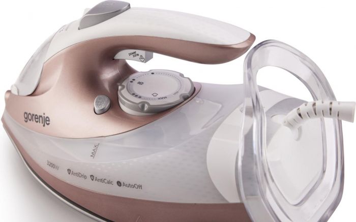 Праска Gorenje, 3200Вт, 420мл, паровий удар-250гр, верт. відпарювання, антинакип, автовідключення, керам. підошва, бронзово-білий
