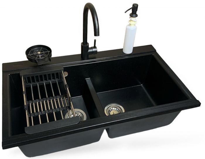 Набір кухонний Adamant Similar, штучний камінь, прямокут., без крила, 885x505x230мм, чаша - 2, врізна, антрацит + змішувач + дозатор + ополіскувач склянок + коландер