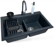 Набір кухонний Adamant Similar, штучний камінь, прямокут., без крила, 885x505x230мм, чаша - 2, врізна, графіт + змішувач + дозатор + ополіскувач склянок + коландер
