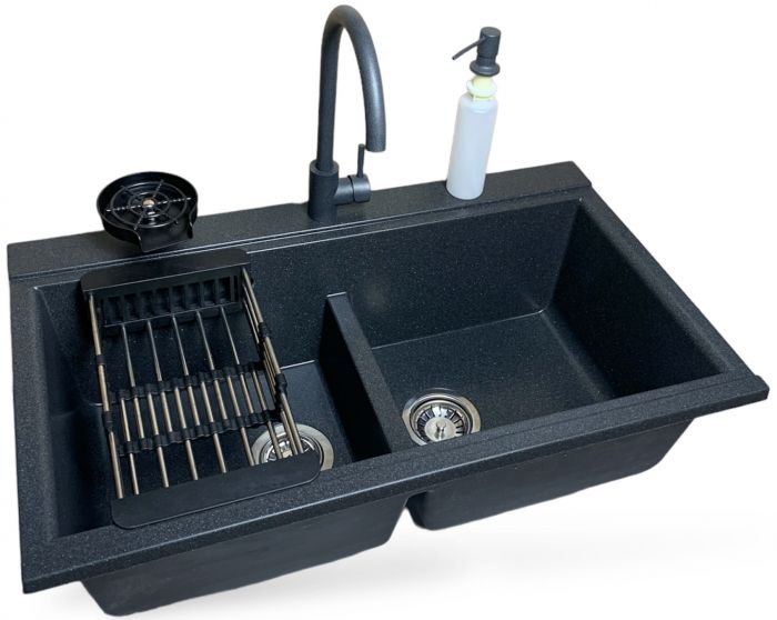 Набір кухонний Adamant Similar, штучний камінь, прямокут., без крила, 885x505x230мм, чаша - 2, врізна, графіт + змішувач + дозатор + ополіскувач склянок + коландер