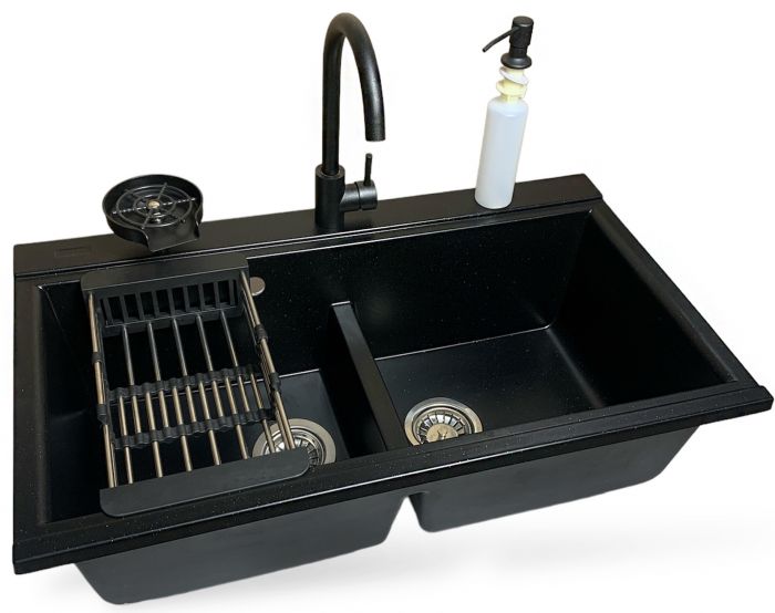 Набір кухонний Adamant Similar, штучний камінь, прямокут., без крила, 885x505x230мм, чаша - 2, врізна, чорний + змішувач + дозатор + ополіскувач склянок + коландер