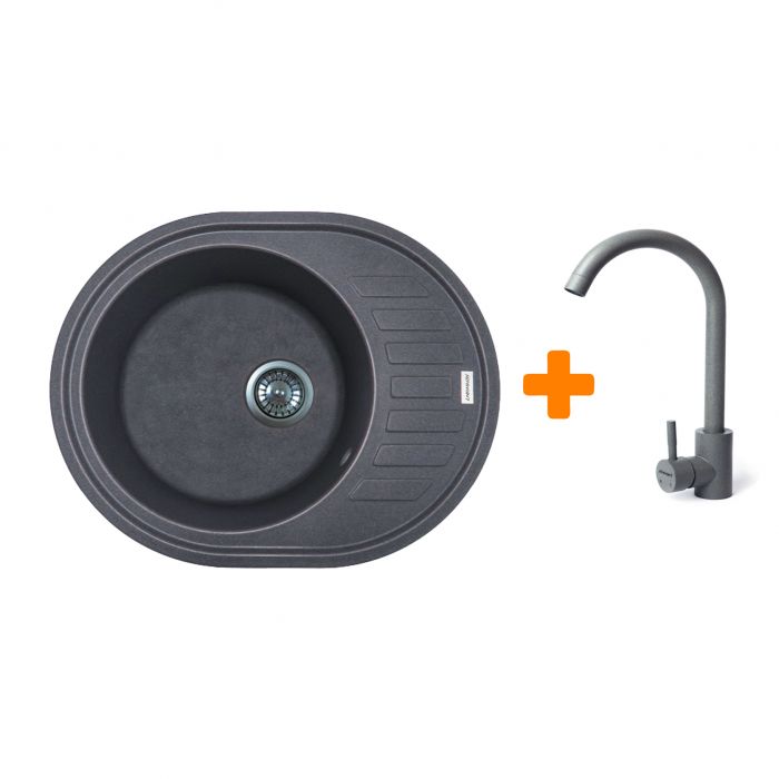 Набір кухонний Adamant Ovum, штучний камінь, овальна, з крилом, 615х495х200мм, чаша - 1, врізна, сірий + змішувач