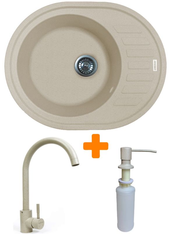 Набір кухонний Adamant Ovum, штучний камінь, овальна, з крилом, 615х495х200мм, чаша - 1, врізна, Avena + змішувач та дозатор