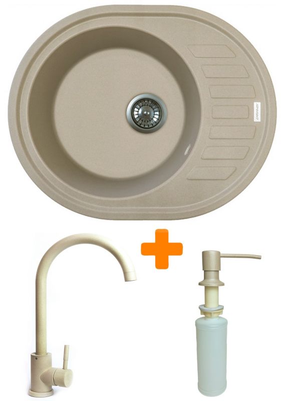 Набір кухонний Adamant Ovum, штучний камінь, овальна, з крилом, 615х495х200мм, чаша - 1, врізна, Сахара + змішувач та дозатор