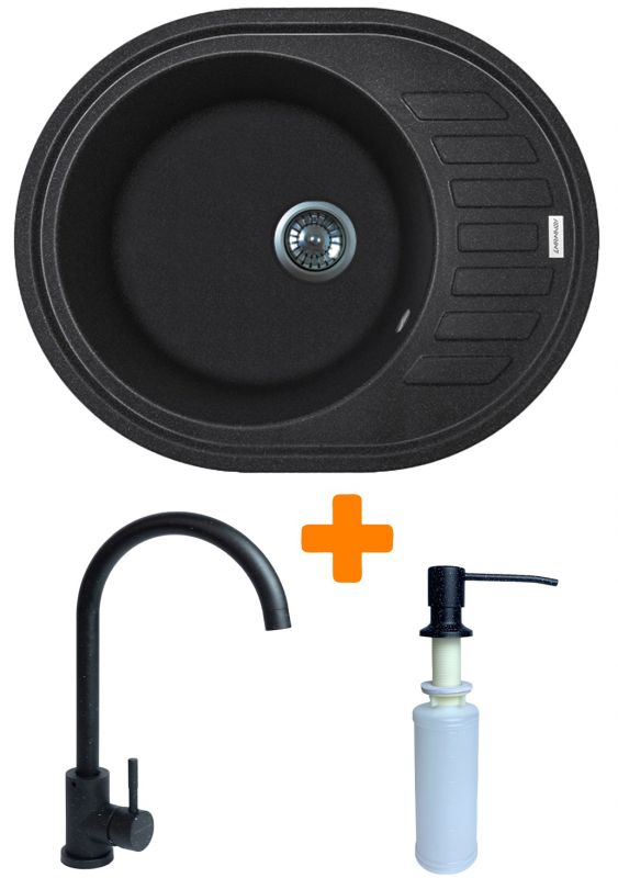 Набір кухонний Adamant Ovum, штучний камінь, овальна, з крилом, 615х495х200мм, чаша - 1, врізна, чорний + змішувач та дозатор