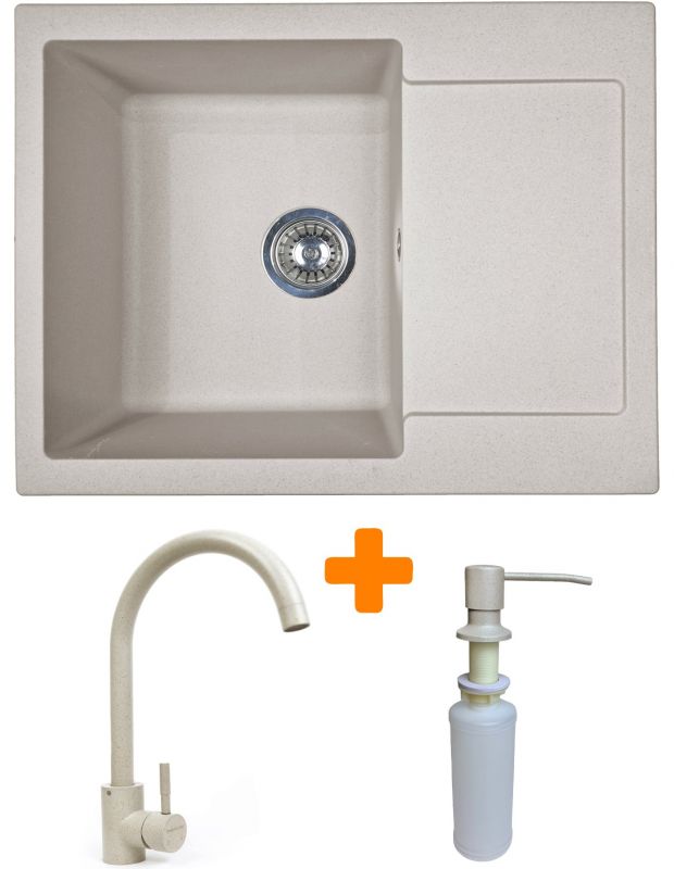 Набір кухонний Adamant Minimal, штучний камінь, прямокут., з крилом, 615х495х200мм, чаша - 1, врізна, Avena + змішувач та дозатор